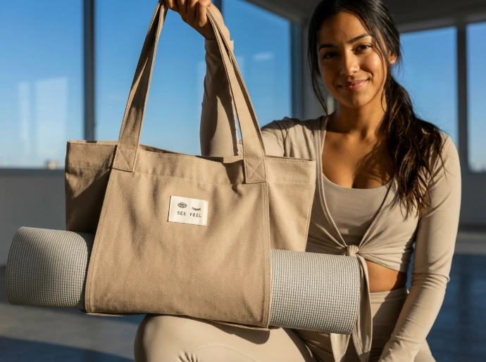 Avatar digital con tote bag y yoga mat. 